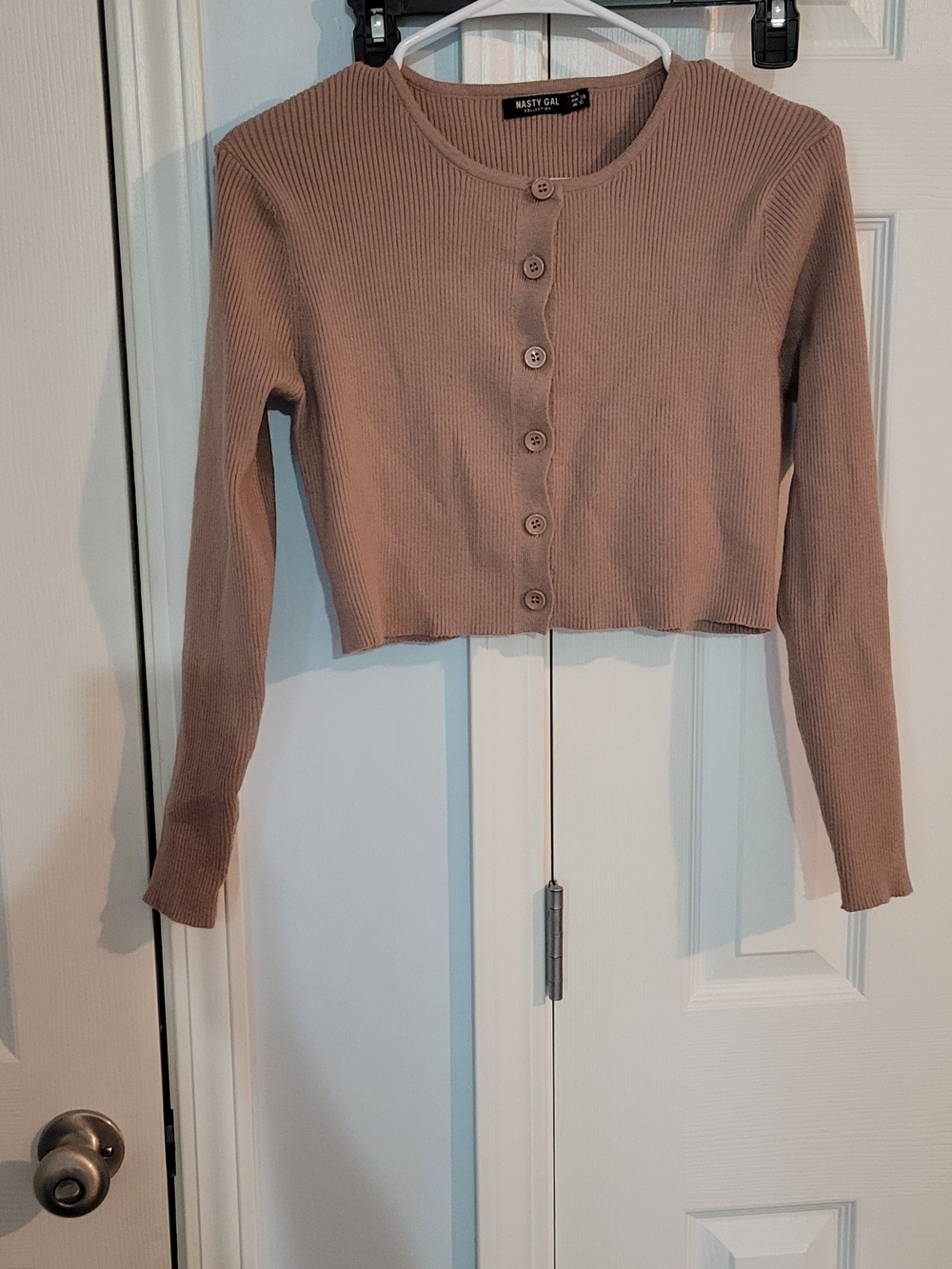 Nasty Gal Ribbed Cropped Button-Up Cardigan in Taupe